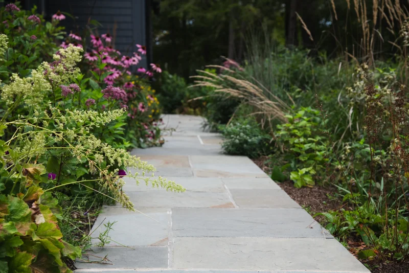A stone garden path lined with native wildflowers and grasses