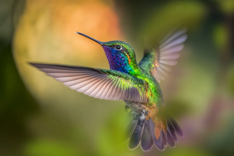 A hummingbird in flight surrounded by greenery